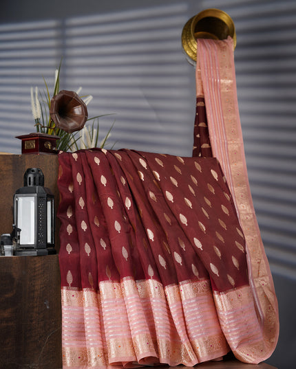 Chanderi Silk Saree With Gold & Silver Contrast Gap Border - Maroon
