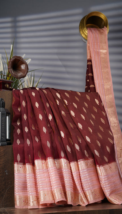 Chanderi Silk Saree With Gold & Silver Contrast Gap Border - Maroon