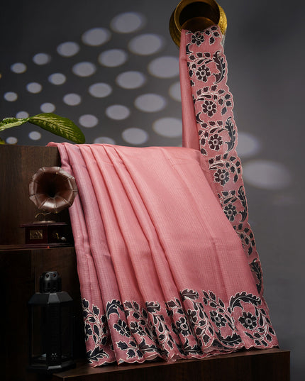 Kota Silk Saree With Floral Print & Ari Work Scallop Border - Mauve