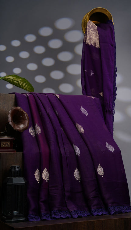 Kota Silk Saree With Golden Butties & Lace Border - Purple