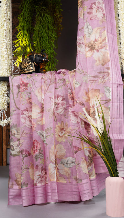 Kota cotton Saree with Floral Print- Onion Pink