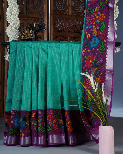 Dola silk sarees with checks and floral print border - Royal Magenta