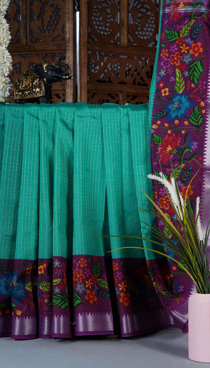 Dola silk sarees with checks and floral print border - Royal Magenta