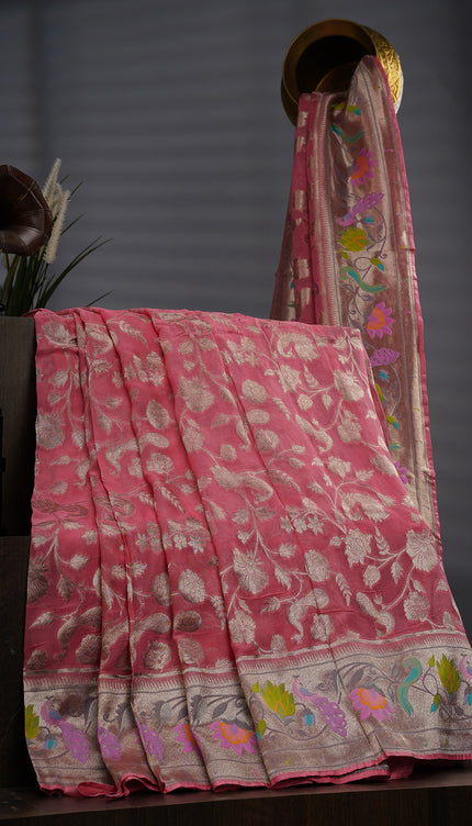 Kaddi Georgette Paithani Border - Pink