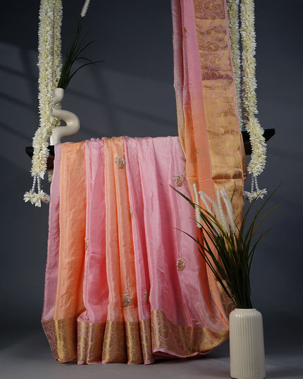 Italian Crepe Saree with Delicate Gold and White Embellishment- Pink