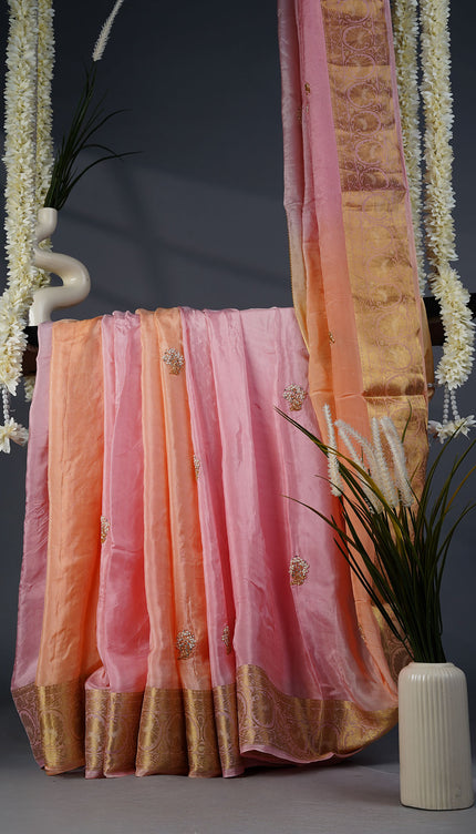 Italian Crepe Saree with Delicate Gold and White Embellishment- Pink