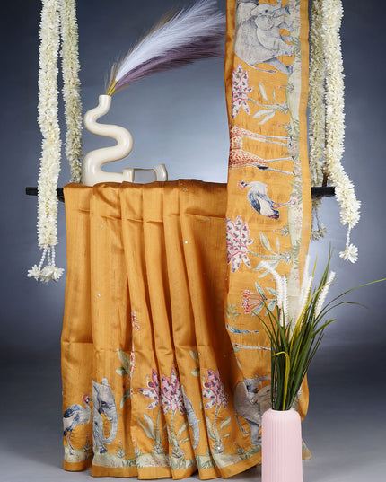 Tussar Silk Saree with Allover Mirror Work & Ari Work - Mustard