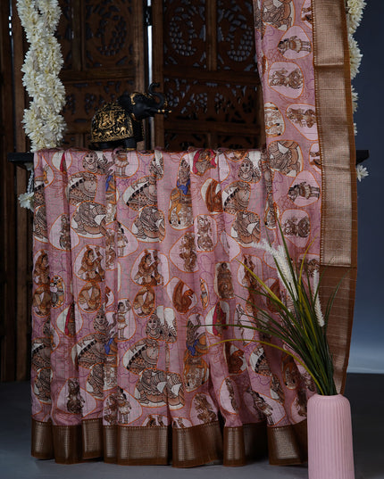 muslin silk saree with Kalamkari print and golden zari border - Caramel Brown