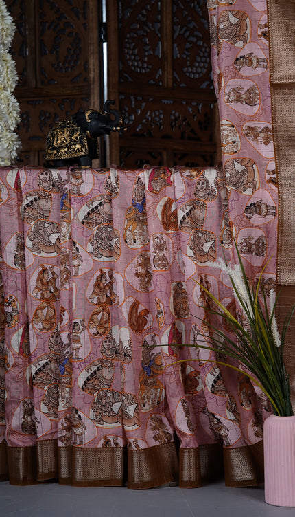 muslin silk saree with Kalamkari print and golden zari border - Caramel Brown