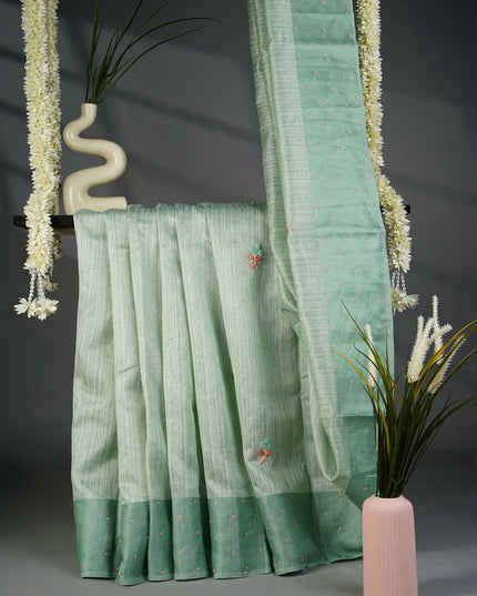 Jute Tusser Knot Work Butties With Satin Border- Sea Green