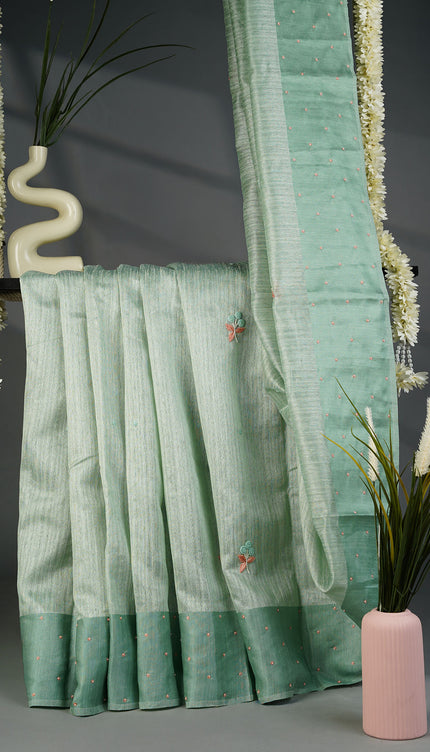 Jute Tusser Knot Work Butties With Satin Border- Sea Green