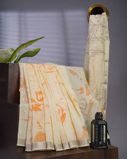 Mangalagiri Shibori Silk With Silver Border - Creme