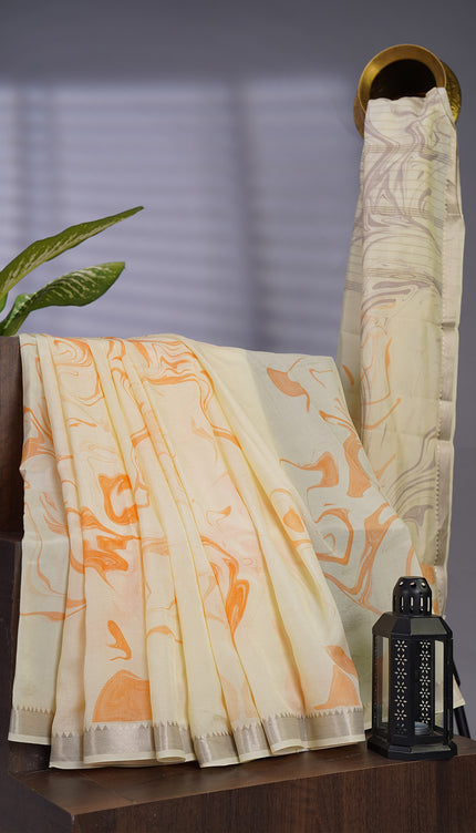 Mangalagiri Shibori Silk With Silver Border - Creme