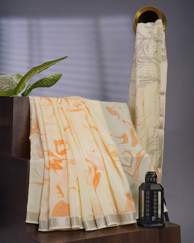Mangalagiri Shibori Silk With Silver Border - Creme