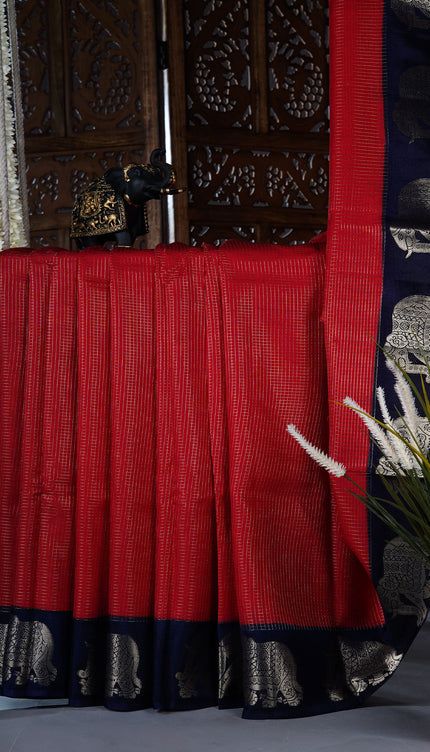 Green silk saree with all over golden zari  check weaving and contrast elephant border - TomatoRed