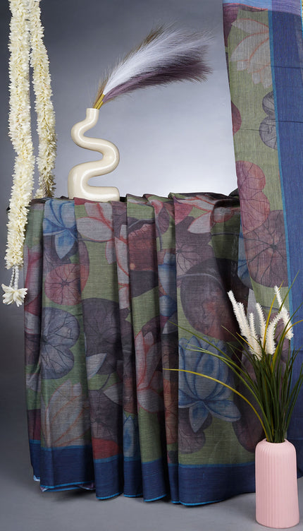 Lotus Cotton Saree With Floral Print And Contrast Border - Green