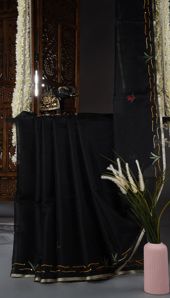 Kota Silk saree with kantha work zari border - Black