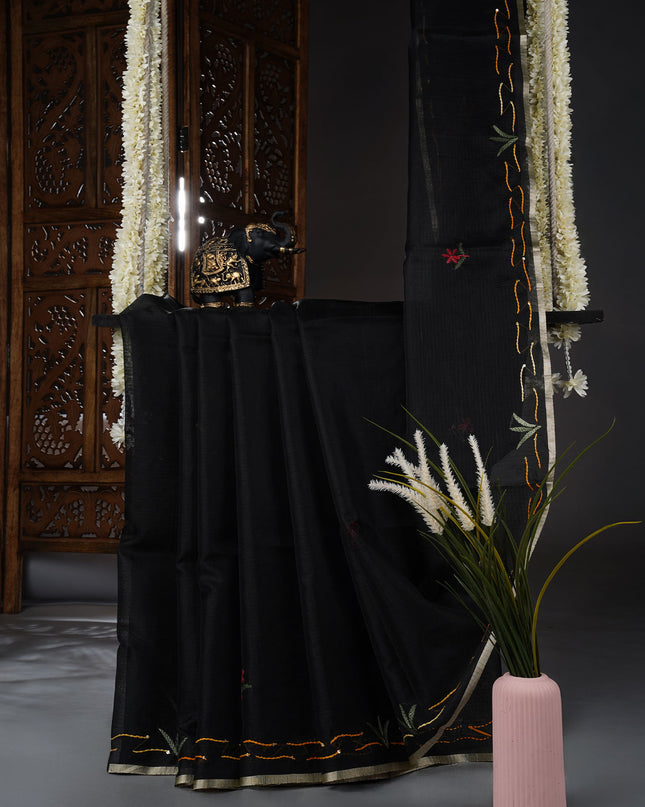 Kota Silk saree with kantha work zari border - Black