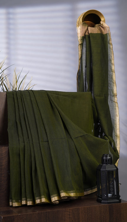 Cotton Antique Gold Zari Border - Green