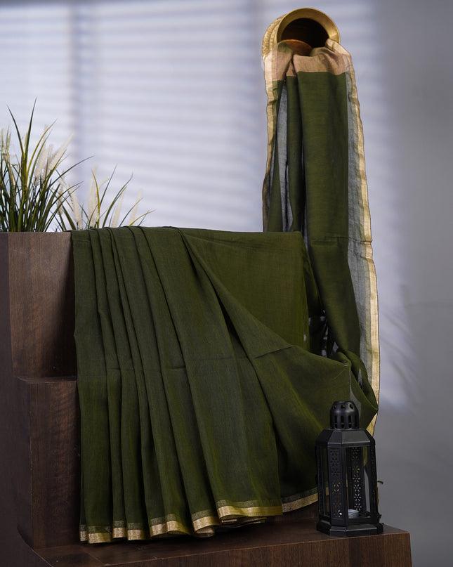 Cotton Antique Gold Zari Border - Green