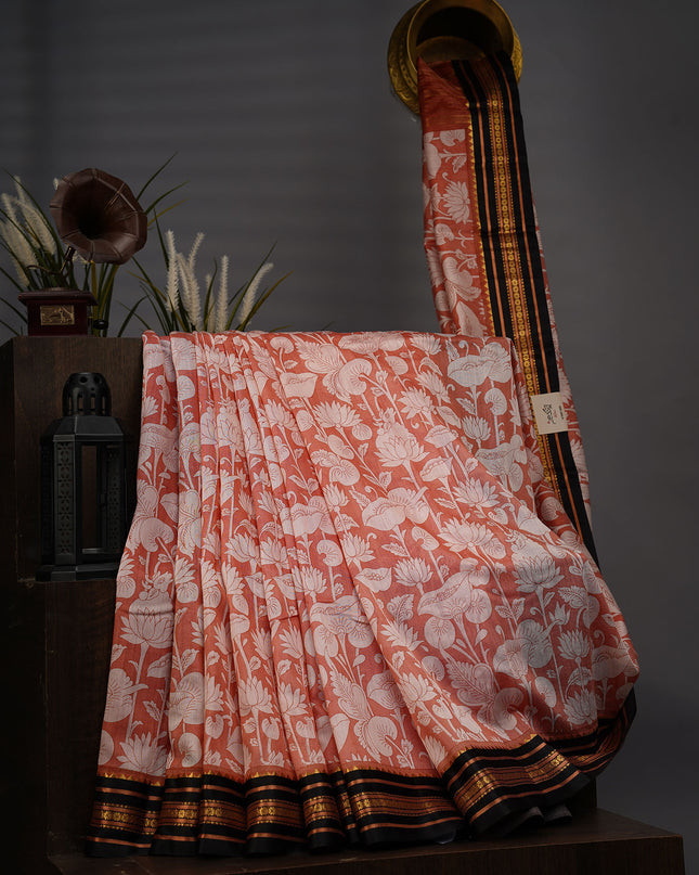 Mangalagiri Silk Digital Print Contrast Border - Peach