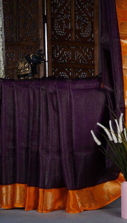 Green silk saree with all over golden zari  check weaving and contrast elephant border-Violet