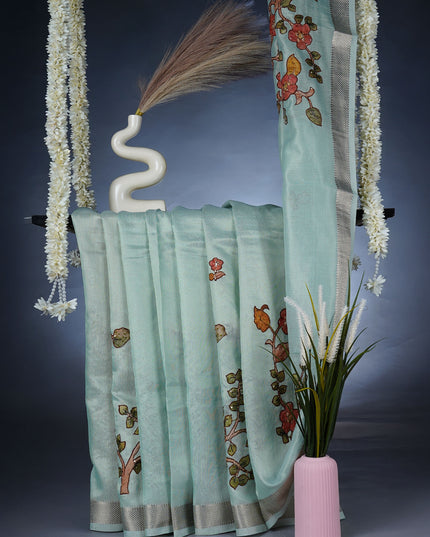 Tissue Linen Saree With  Floral Embroidery & Sequins Work - Sage Green