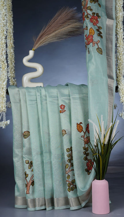 Tissue Linen Saree With  Floral Embroidery & Sequins Work - Sage Green