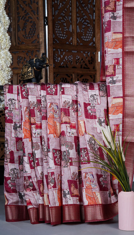 Muslin silk saree with Kalamkari digital  print  contrast border - Brick Red