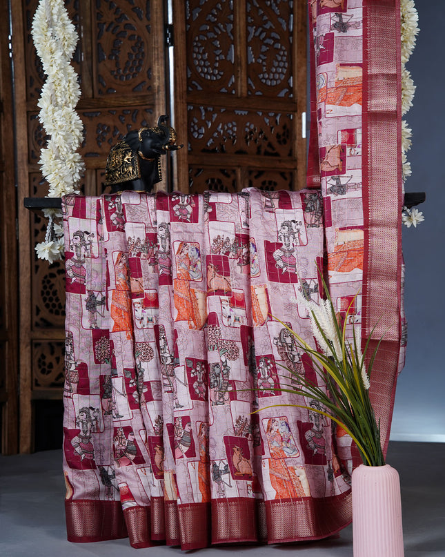 Muslin silk saree with Kalamkari digital  print  contrast border - Brick Red