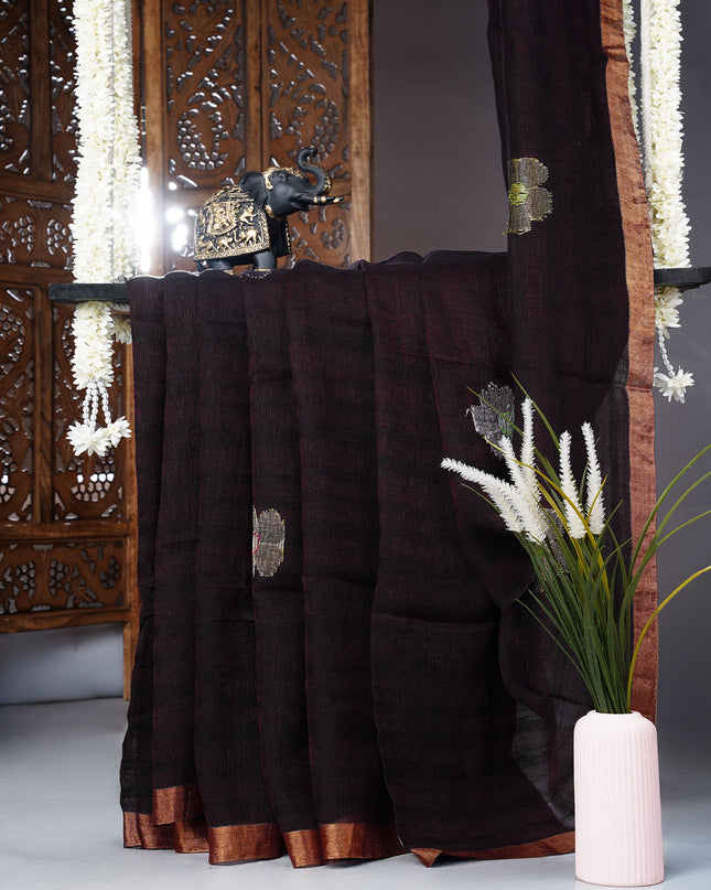 Linen cotton saree with gold and silver butties and contrast Broder - Wine