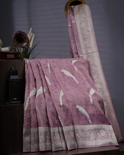 Tissue Banaras Silk Allover Self Weaving With Light Gold Zari Border - Lavender