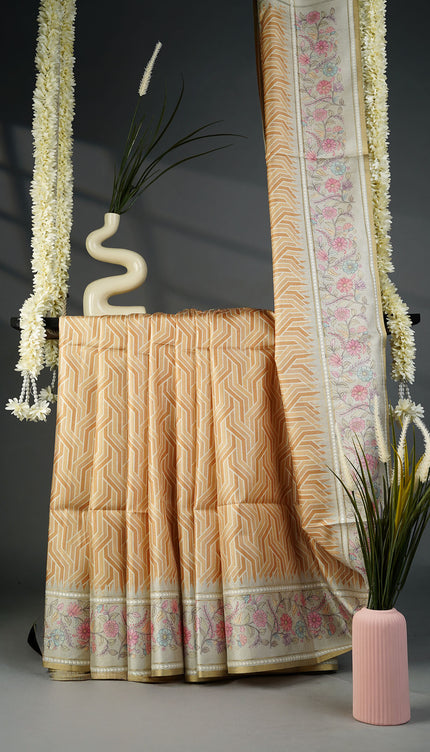 Tusser Silk Saree with Floral Print Border- Mustard