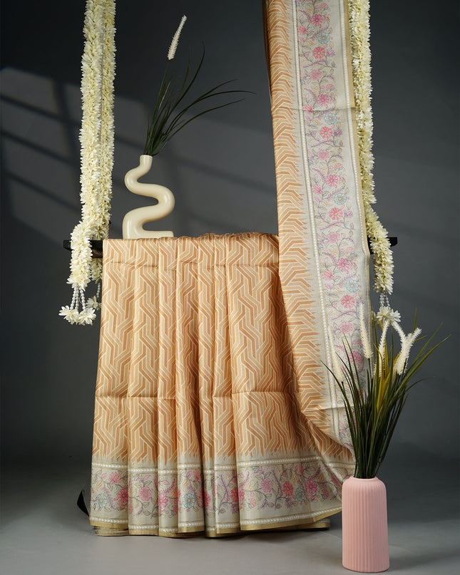 Tusser Silk Saree with Floral Print Border- Mustard