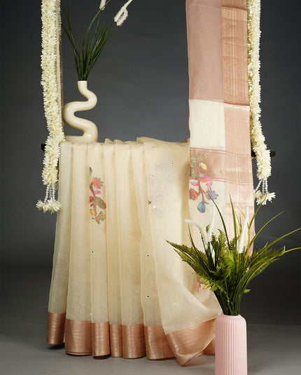 kota Chanderi Saree with Mirror and Applique Work Contrast Border- Peach
