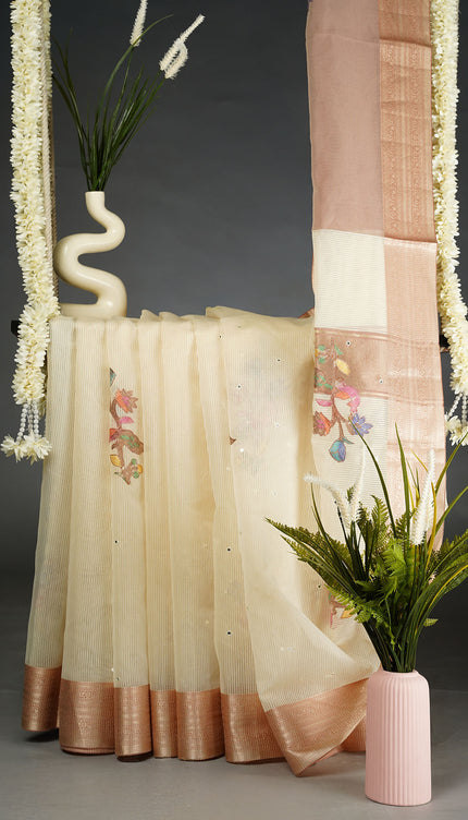 kota Chanderi Saree with Mirror and Applique Work Contrast Border- Peach