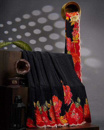 Crepe Saree With Floral Print Scallop Border Kardana Sequence Work - Black