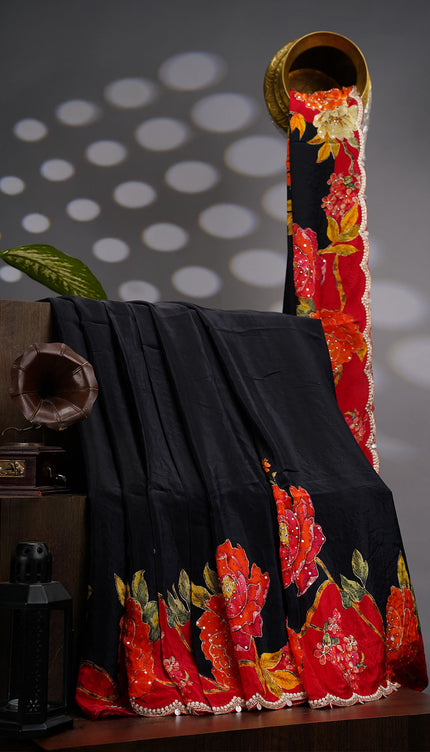 Crepe Saree With Floral Print Scallop Border Kardana Sequence Work - Black