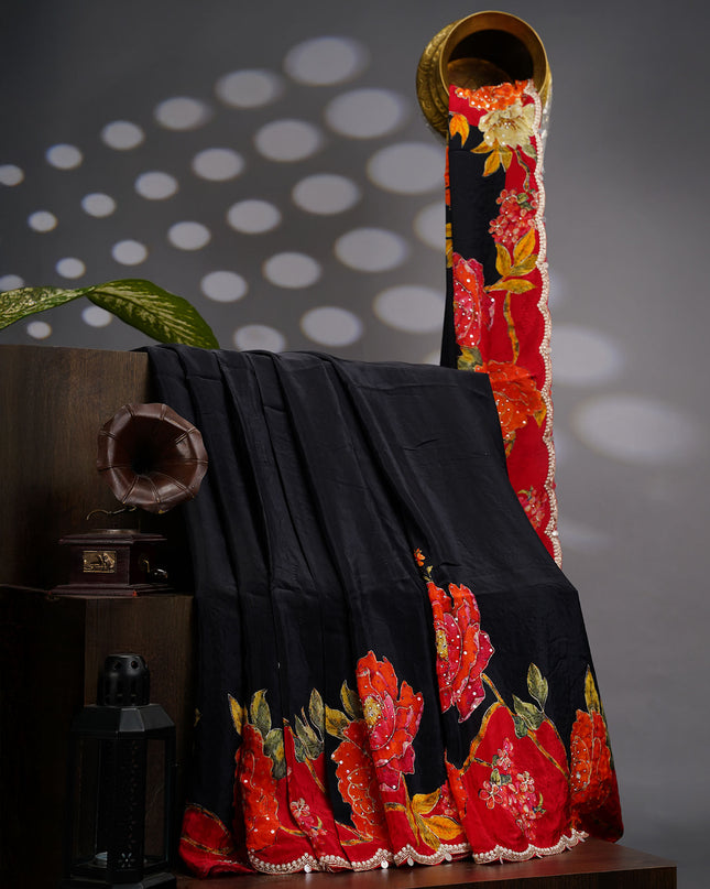 Crepe Saree With Floral Print Scallop Border Kardana Sequence Work - Black