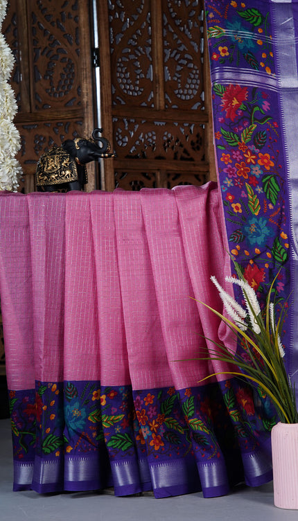 dola silk sarees with checks and floral print border - Violet