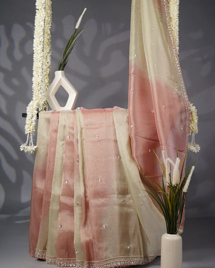 Soft Tissue Organza Saree Sequence Butties and Scallop Border and Zardoji Work- Peach