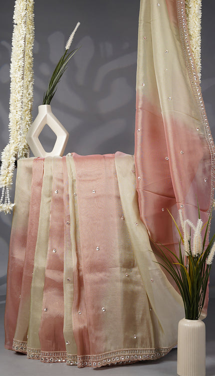 Soft Tissue Organza Saree Sequence Butties and Scallop Border and Zardoji Work- Peach