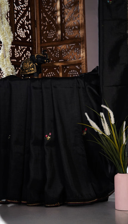 Semi Tusser silk saree With Lambani Hand Work and cut work Design Cut Border - Black