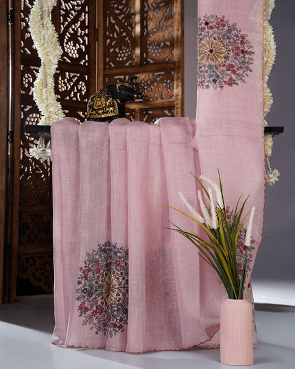 Tissue linen saree with floral Butties And Dori work With scallop border - Baby Pink