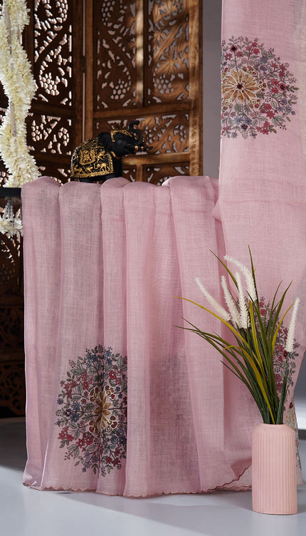 Tissue linen saree with floral Butties And Dori work With scallop border - Baby Pink