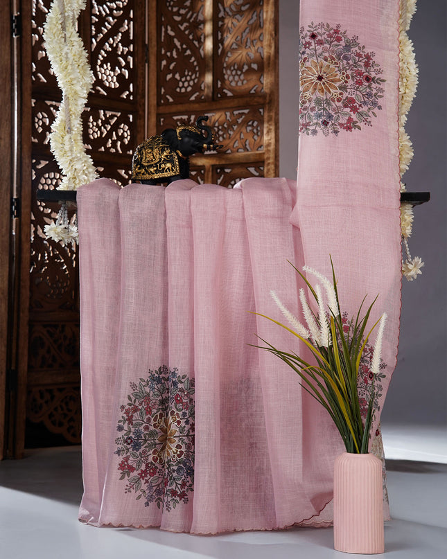 Tissue linen saree with floral Butties And Dori work With scallop border - Baby Pink