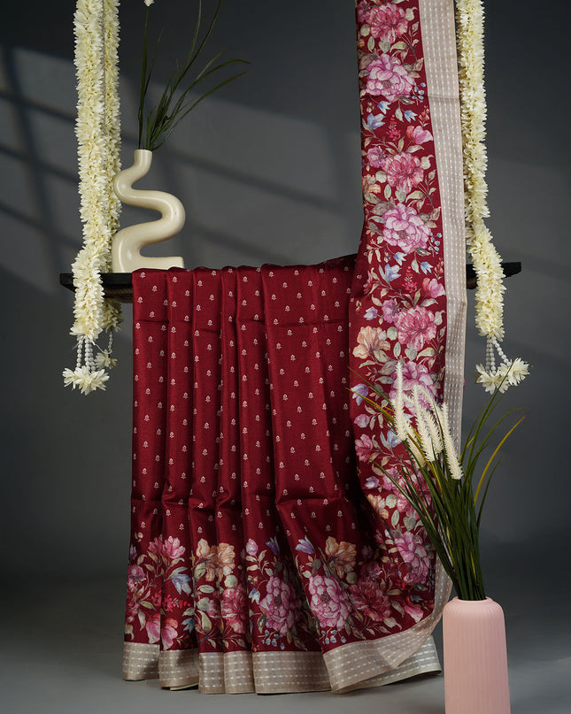 Tusser Silk Saree with Floral Print and Subtle Vertical Stripes and Small Delicate Motifs- Maroon