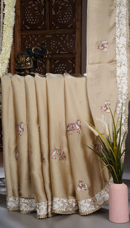 Mashru satin saree with pichwai butties and Parsi Work lace border - Tan