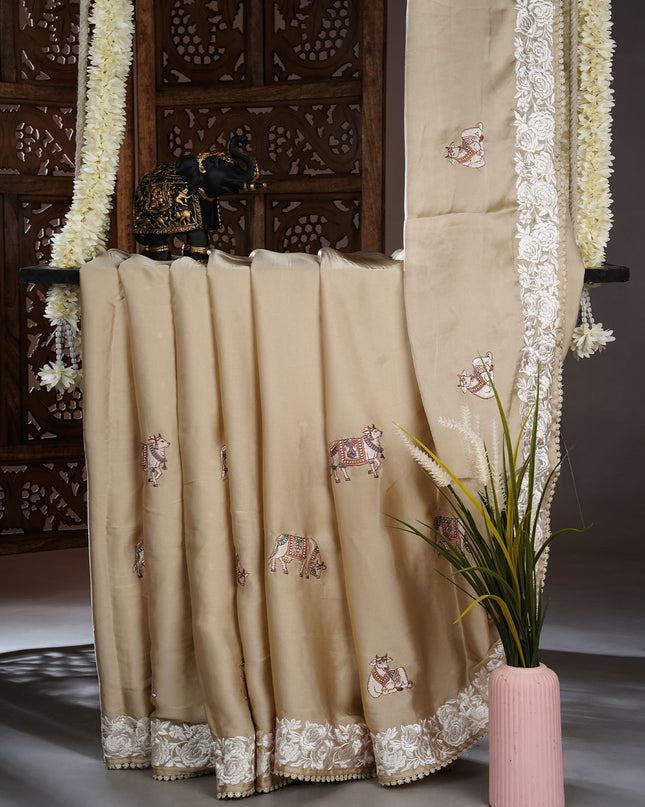 Mashru satin saree with pichwai butties and Parsi Work lace border - Tan
