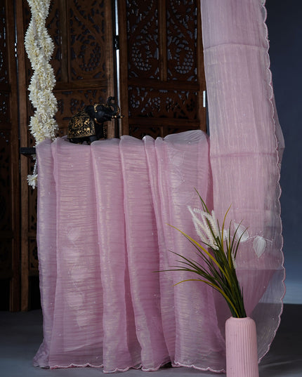 crush tissue saree with applique and kardhana work scallop border - Pink